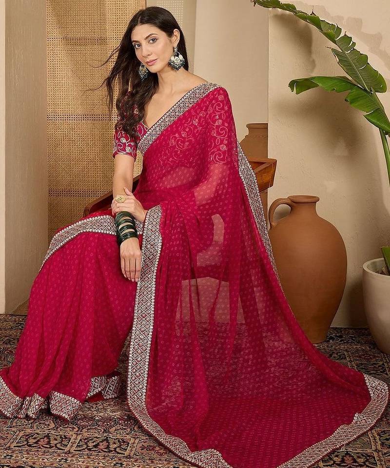 Pink floral embroidered poly georgette saree with unstiched blouse piece