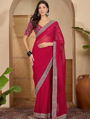 Pink floral embroidered poly georgette saree with unstiched blouse piece 5