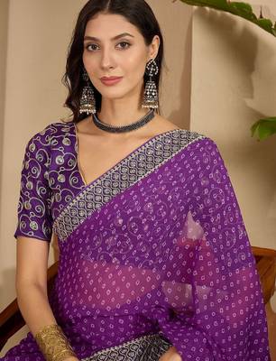 Purple women bandhani sequinned poly georgette saree 1