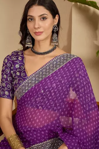 Purple women bandhani sequinned poly georgette saree