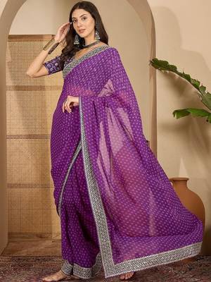 Purple women bandhani sequinned poly georgette saree 2