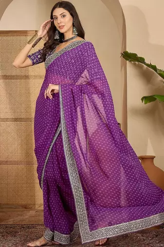 Purple women bandhani sequinned poly georgette saree