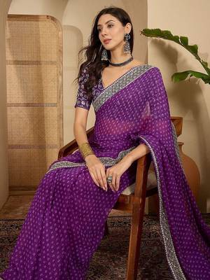 Purple women bandhani sequinned poly georgette saree 4