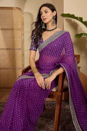 Purple women bandhani sequinned poly georgette saree