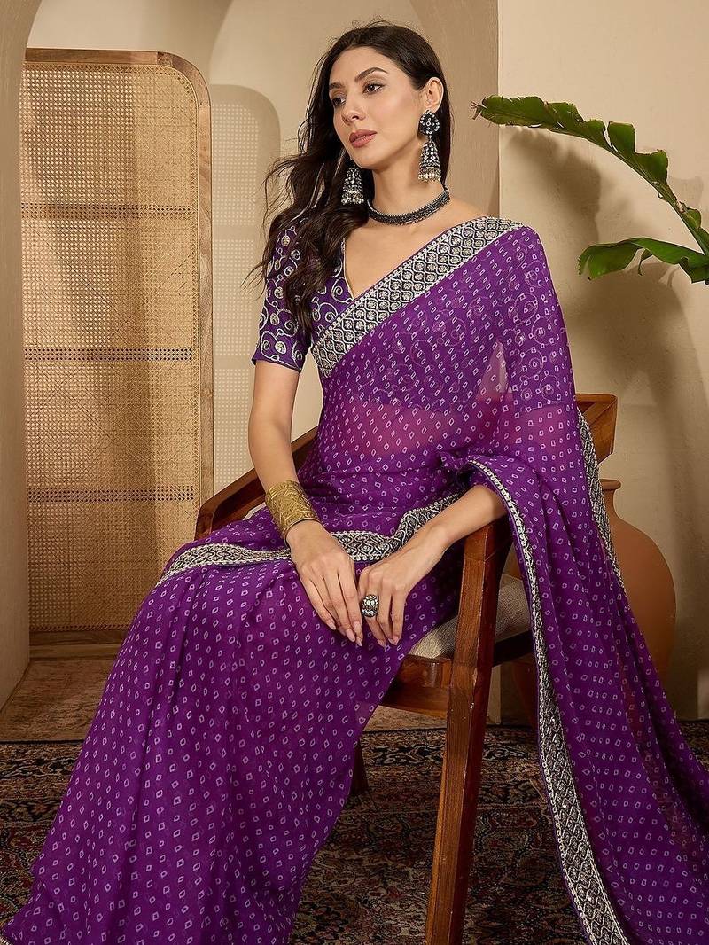 Purple women bandhani sequinned poly georgette saree