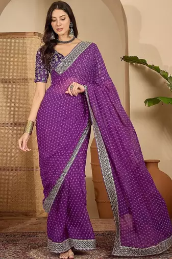 Purple women bandhani sequinned poly georgette saree