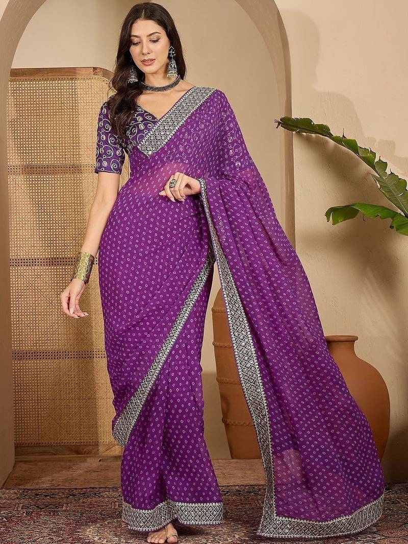 Purple women bandhani sequinned poly georgette saree