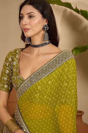 Olive bandhani printed saree with sequinned border