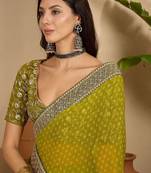 Olive bandhani printed saree with sequinned border