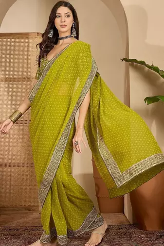 Olive bandhani printed saree with sequinned border