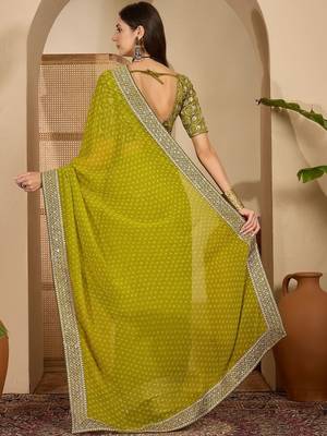 Olive bandhani printed saree with sequinned border 3