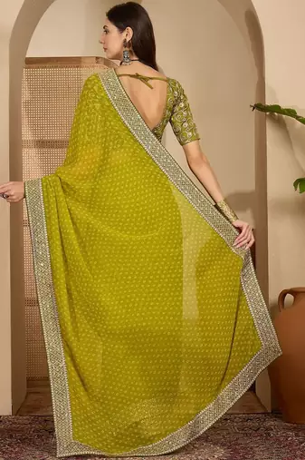 Olive bandhani printed saree with sequinned border