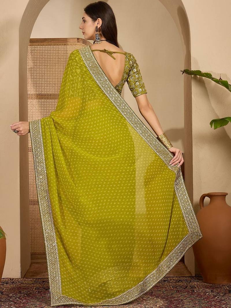 Olive bandhani printed saree with sequinned border