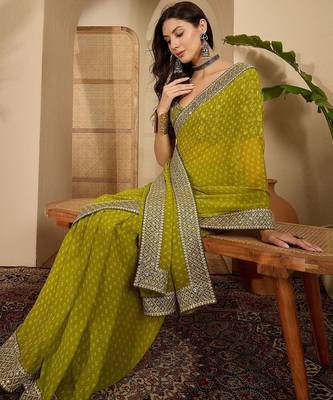 Olive bandhani printed saree with sequinned border 4