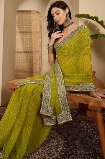 Olive bandhani printed saree with sequinned border