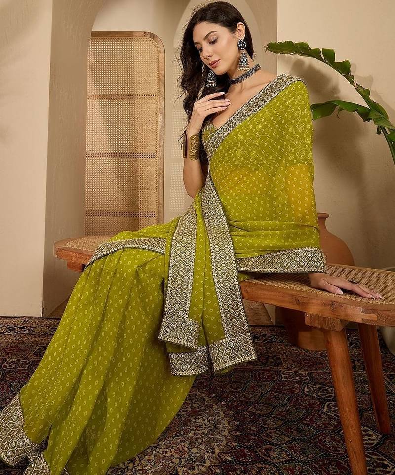 Olive bandhani printed saree with sequinned border