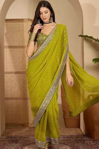 Olive bandhani printed saree with sequinned border