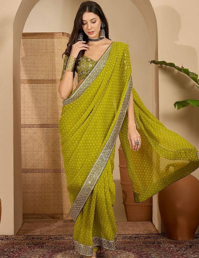 Olive bandhani printed saree with sequinned border