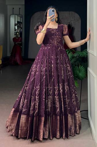 Captivating Wine Bandhej Printed Cotton Festive Wear Gown