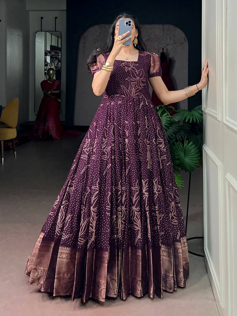 Captivating Wine Bandhej Printed Cotton Festive Wear Gown