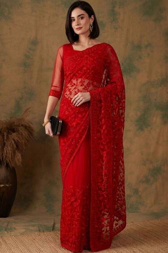 Red floral embroidered net designer saree