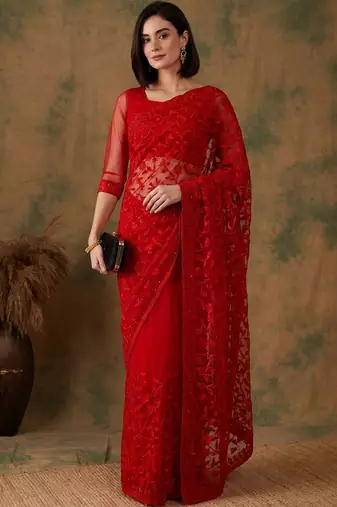 Red floral embroidered net designer saree