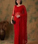 Red floral embroidered net designer saree
