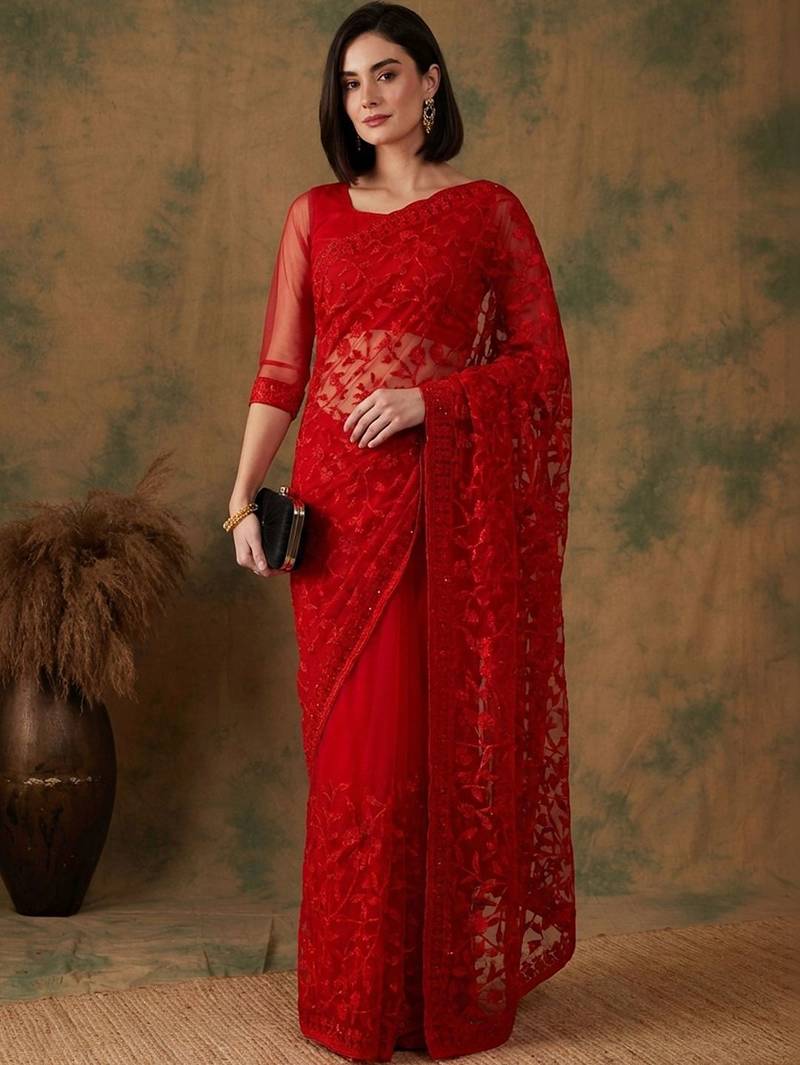 Red floral embroidered net designer saree