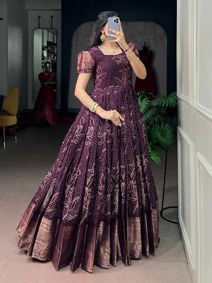 Captivating Wine Bandhej Printed Cotton Festive Wear Gown 2