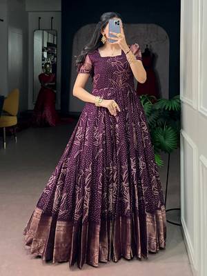 Captivating Wine Bandhej Printed Cotton Festive Wear Gown 3