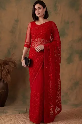 Red floral embroidered net designer saree