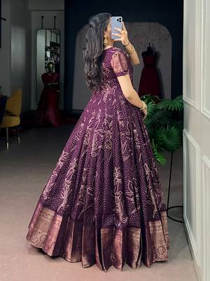 Captivating Wine Bandhej Printed Cotton Festive Wear Gown 4