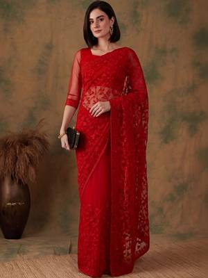 Red floral embroidered net designer saree 3