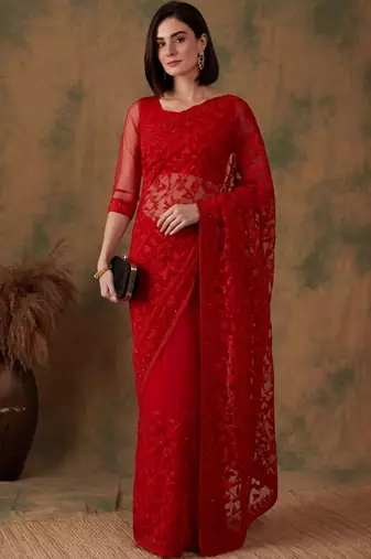 Red floral embroidered net designer saree