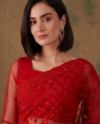 Red floral embroidered net designer saree 4