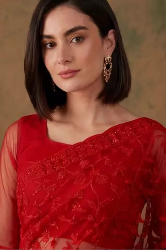 Red floral embroidered net designer saree