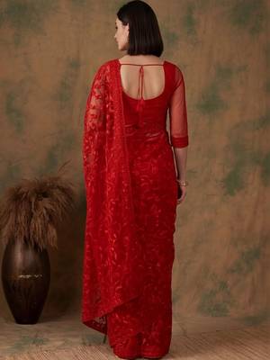 Red floral embroidered net designer saree 5