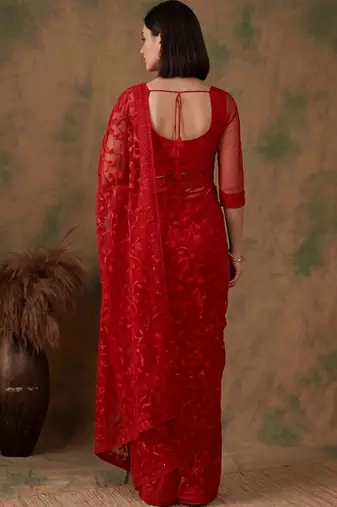 Red floral embroidered net designer saree