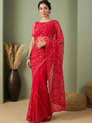 Red embellished embroidered net designer saree 1