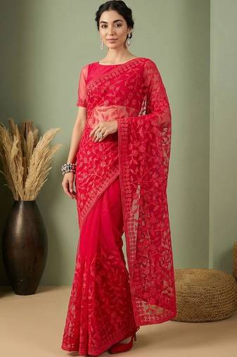 Red embellished embroidered net designer saree