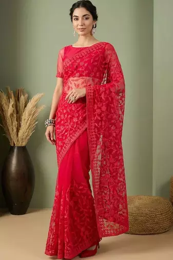 Red embellished embroidered net designer saree