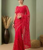 Red embellished embroidered net designer saree
