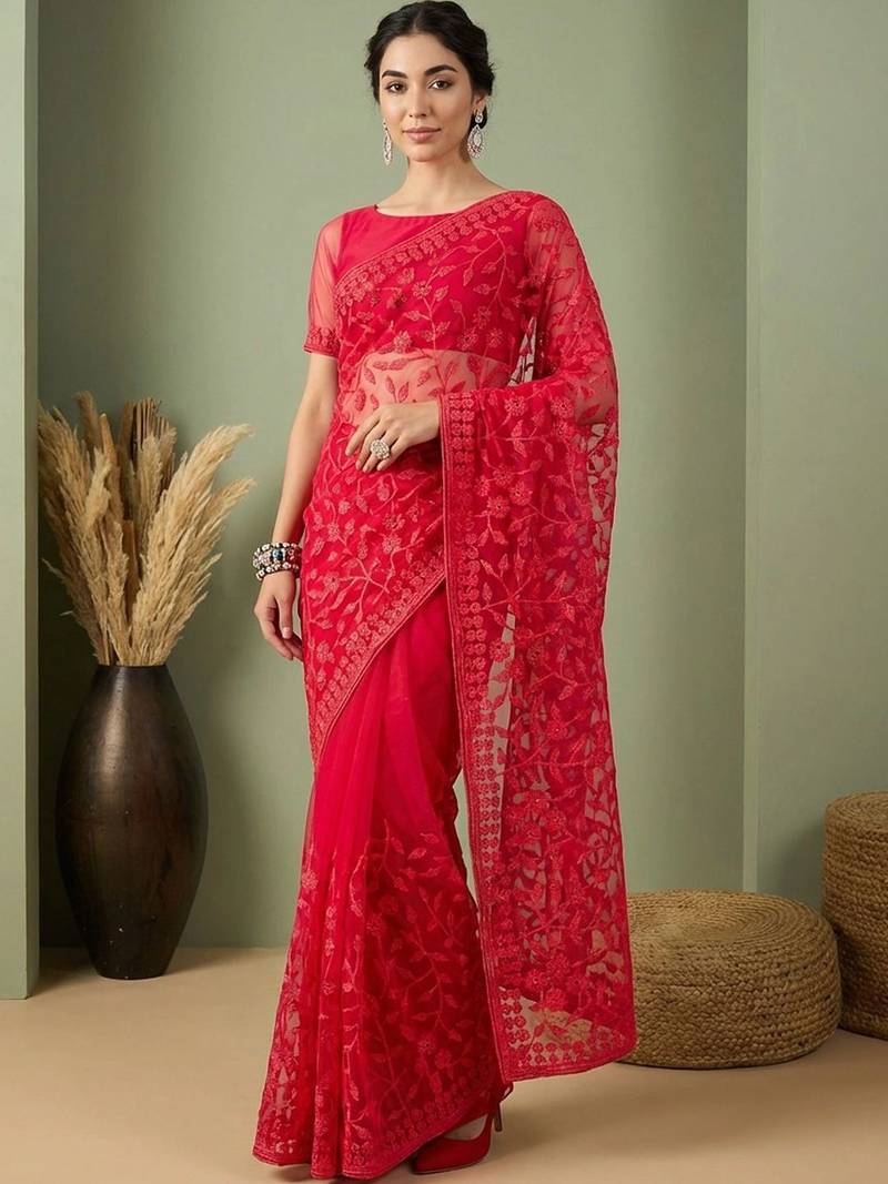 Red embellished embroidered net designer saree
