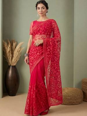 Red embellished embroidered net designer saree 2