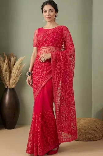 Red embellished embroidered net designer saree