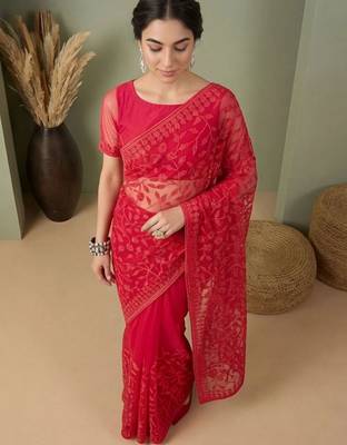Red embellished embroidered net designer saree 3