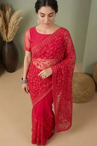 Red embellished embroidered net designer saree