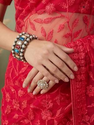 Red embellished embroidered net designer saree 5