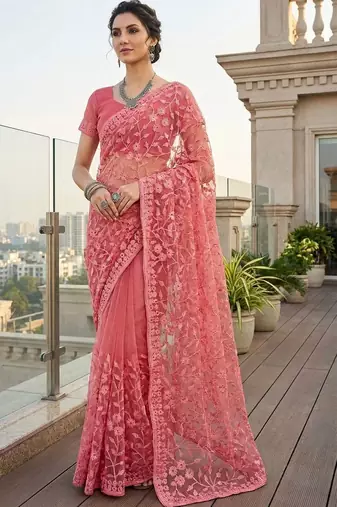 Pink embellished embroidered net designer saree