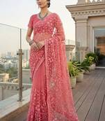 Pink embellished embroidered net designer saree